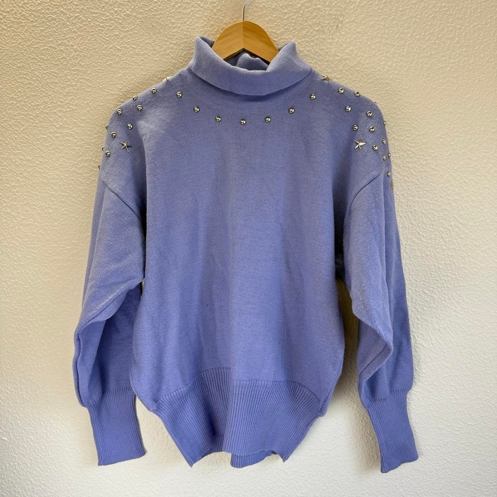 Vintage Meister Studded Turtleneck Sweater Women Medium Blue Excellent Wool Star